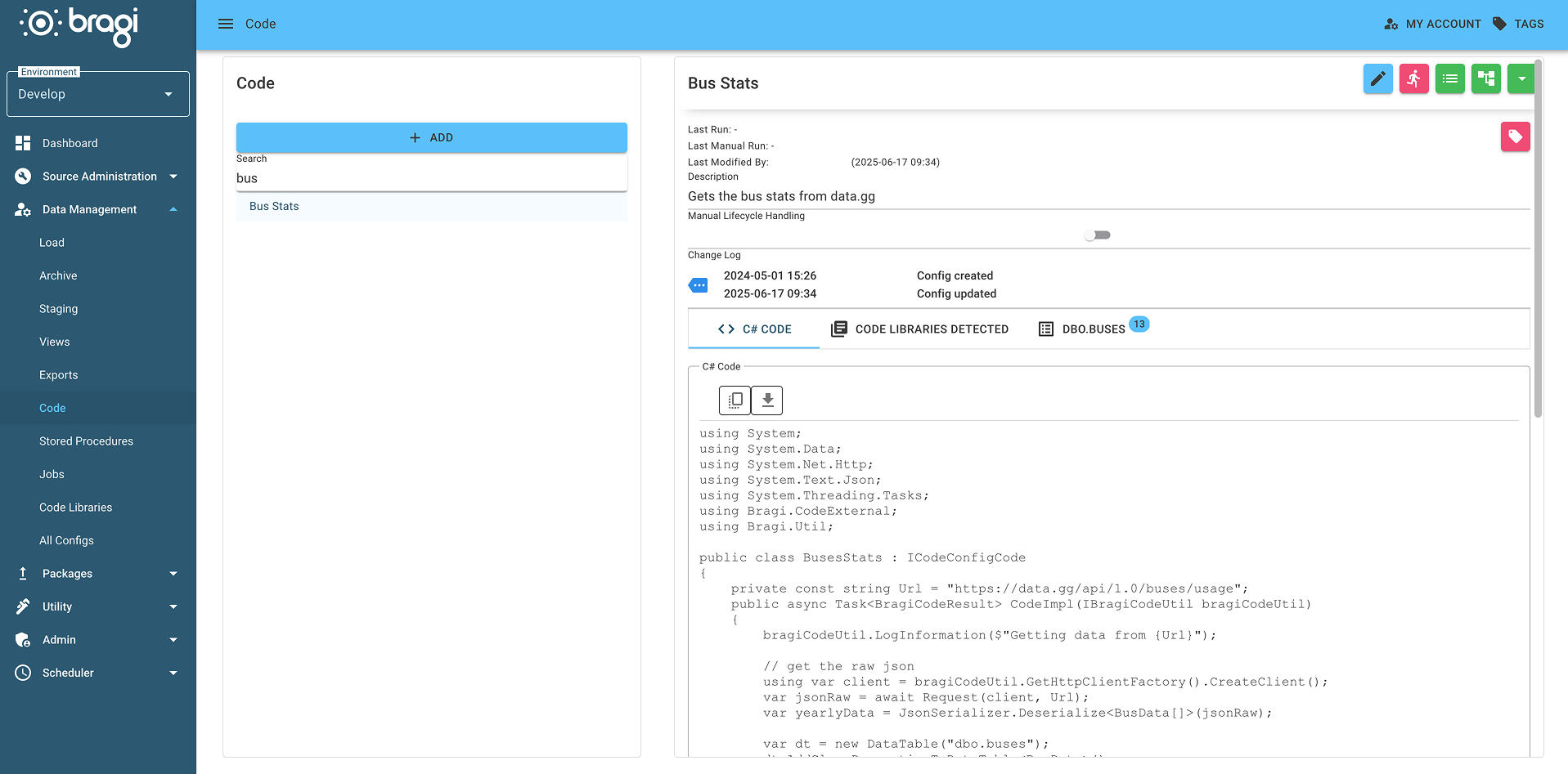 a screen with Bragi’s code component containing the code config getting the bus data from data.gg